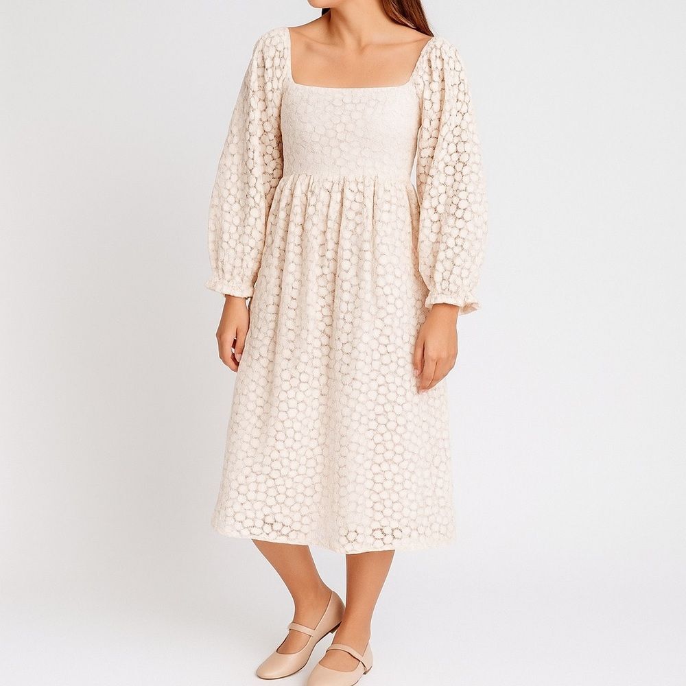 NWT Storia Floral Lace Midi Dress Cream Long Sleeve Square Neck Fit Flare Sz XL